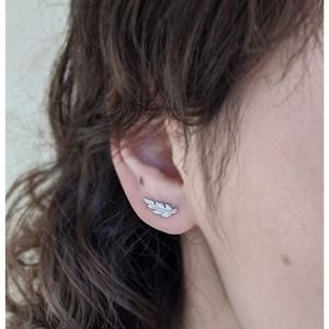 Sterling Silver Cubic Zirconia Leaf Designed Design Stud Earrings